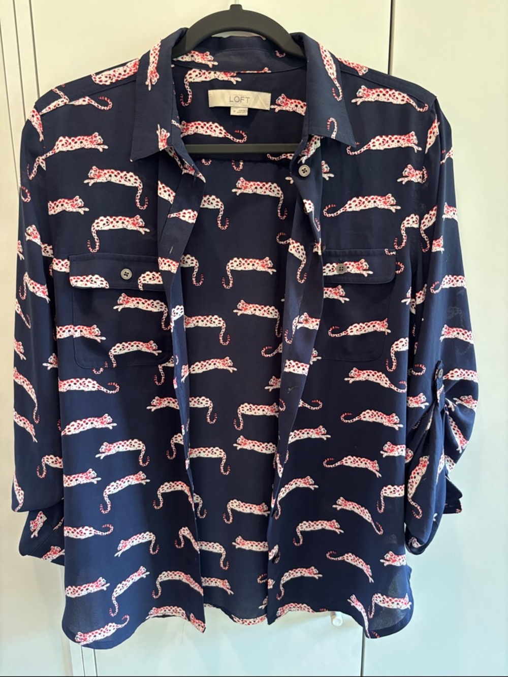 LOFT Navy Button-Up Blouse with Pink Leopard Print